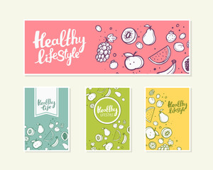 Vector illustration of fruits with text on light background.