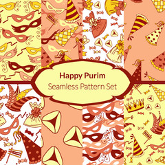 Seamless pattern set for Jewish holiday Purim. Colorful background with carnival masks and hats, holiday gifts, candy and  traditional  cookies. Vector illustration.