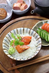 ochazuke is a simple Japanese dish made by pouring green tea over cooked rice.
