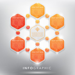 Abstract infographic with hexagonal elements. Glossy and transparent on the white panel. Use for business concept. 6 parts concept. Vector illustration. Eps10.