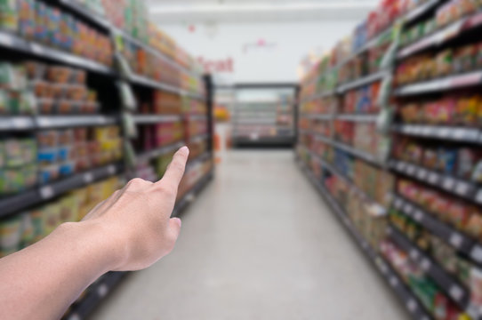 Blurred background,Supermarket shop blur background with finger point