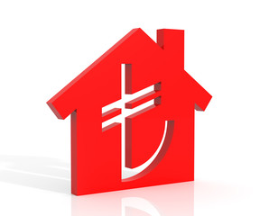 3d illustration of house and turkish lira symbol over white back