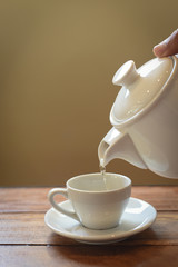 cup of tea on the wood desk