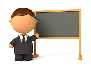 Puppet businessman standing at board. Blackboard ready for your message. Front view. Isolated on white background. 3d render