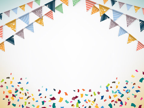 Celebrate banner. Party flags with confetti. Vector.