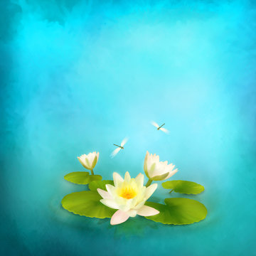 Water Lily Dragonfly Painting Background