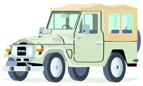 Caricatura Toyota Land Cruiser carpa cerado total blanco vista frontal y lateral