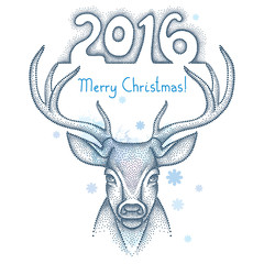 Dotted deer head with numbers 2016 and snowflakes isolated on white background. Winter greeting card in dotwork style. Concept of the 2016 year.