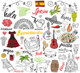 Spain doodles elements. Hand drawn set with spanish food paella, shrimps, olives, grape, fan, wine barel, guitars, music instruments, dresses, bull, rose, flag and map, lettering. doodle set isolated - obrazy, fototapety, plakaty