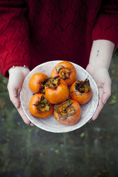 person holding a dish full of freshly harvested persimmons