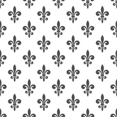 Seamless pattern with fleur-de-lis on a white background. Graphics for wallpaper, wrapping, fabric, apparel, other print production. Fleur de lis royal lily texture in antique style. Vector - obrazy, fototapety, plakaty