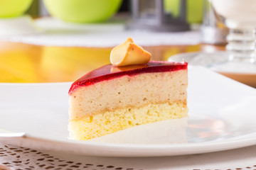 Slice of cake with jam topping