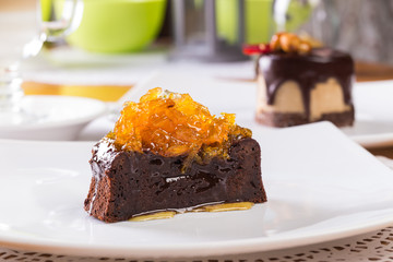 Chocolate cake with orange jam topping