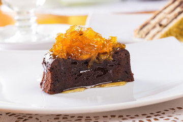 Chocolate cake with orange jam topping