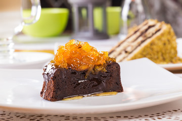 Chocolate cake with orange jam topping