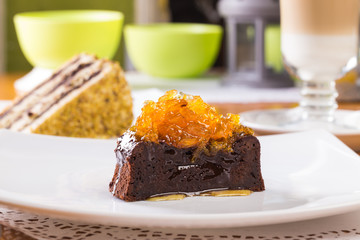 Chocolate cake with orange jam topping
