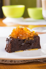 Chocolate cake with orange jam topping