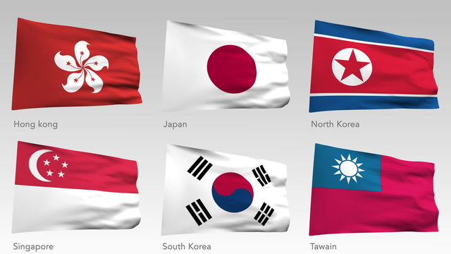 Animated flags of Asia with alpha channel, Hong Kong, Japan, North Korea, South Korea, Taiwan, Singapore