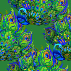 Peacock birds. Beautiful green seamless pattern background. Vector illustration.