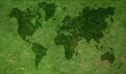 world map overlaid on green grass texture patterned background