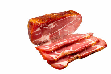 Smoked beef neck piece and slices on white background. In isolat