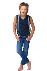Fototapeta premium Cute blonde agresivny boy or teenager in full length casual style blue jeans posing isolated on white