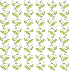 Seamless floral texture. Green leaves and branches, thin black lines on a white background. Design element, spring, summer, vector