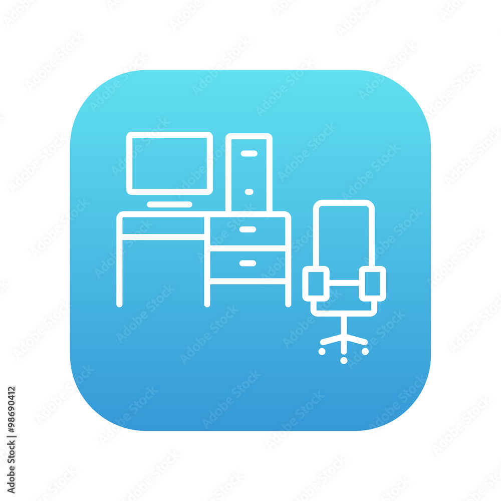 Poster computer set with table and chair line icon.