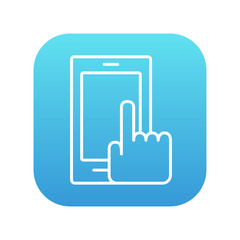 Finger pointing at smart phone line icon.