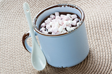 Hot chocolate / Hot chocolate with marshmallow in blue rustic mug