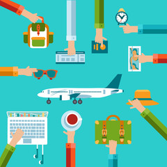 Travel illustration with hands holding bags and different objects