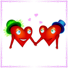 two heart lovers holding hands. Red hearts like man and woman looks to each other with love for your design