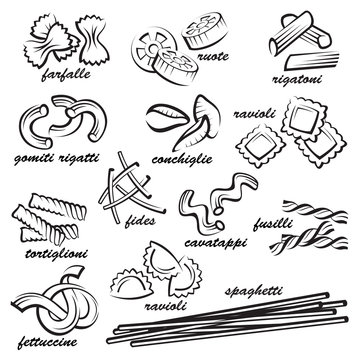 monochrome set of various pasta elements
