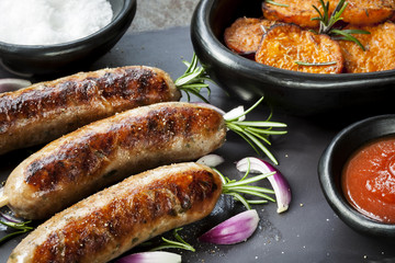 Sausages with Rosemary and Sweet Potato Fries