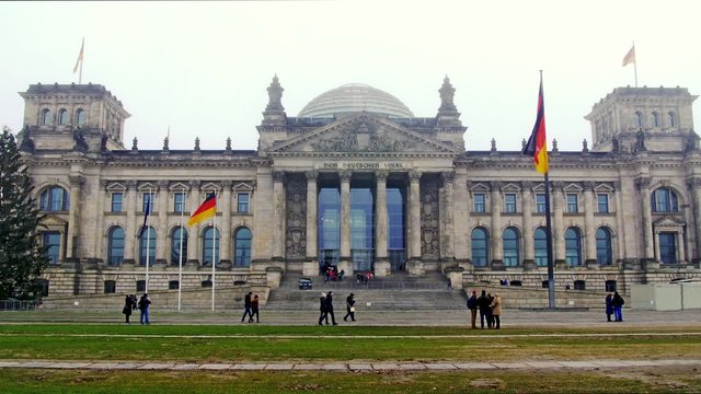 View of the facade of the Berlin bundestag in a foggy day