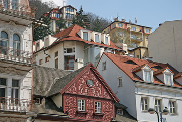 KARLOVY VARY, CZECH REPUBLIC - APRIL 20, 2010: Buildings in Karlovy Vary or Carlsbad that is a spa...