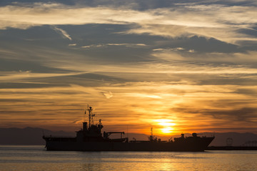 Obraz premium Bulk-carrier ship at sunset in the sea