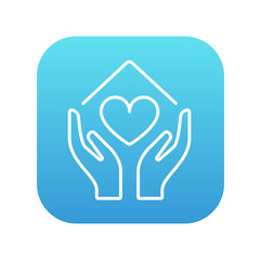 Hands holding house symbol with heart shape line icon.