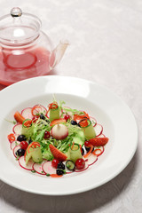 very interesting hash with berries and fresh juice watermelon