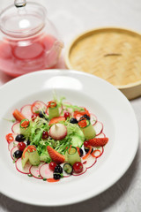 very interesting hash with berries and fresh juice watermelon