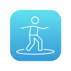 Male surfer riding on surfboard line icon.