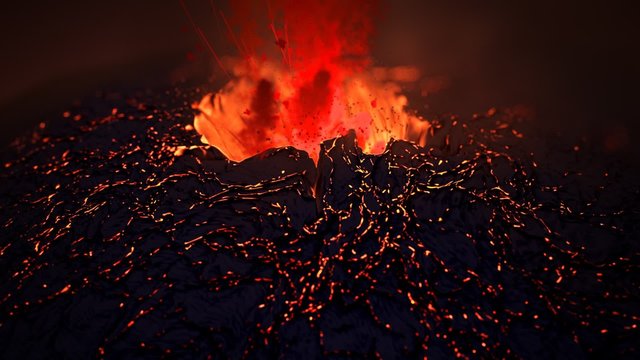 Active volcano eruption. Volcanic crater throws away glowy orange fireballs
