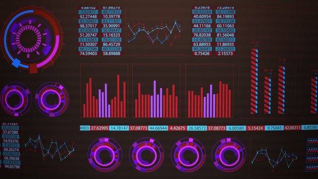 Advanced futuristic graphic interface. Displays abstract diagrams and charts.