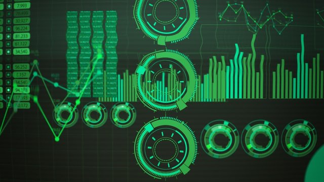 Advanced futuristic graphic interface. Displays abstract diagrams and charts.