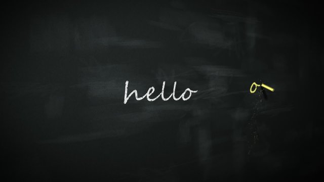Hello' in English, German, Russian, French, Spanish, Portugese. Blackboard.