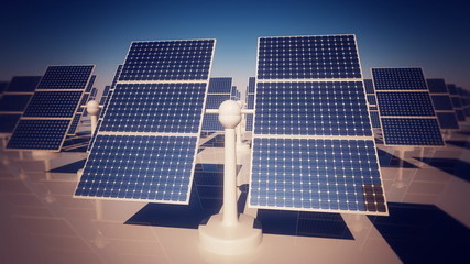 Animation of many rotating solar panels adjusted to sunlight direction. HD