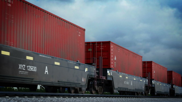 Railway transportation of the red industrial containers. Loopable animation. HD