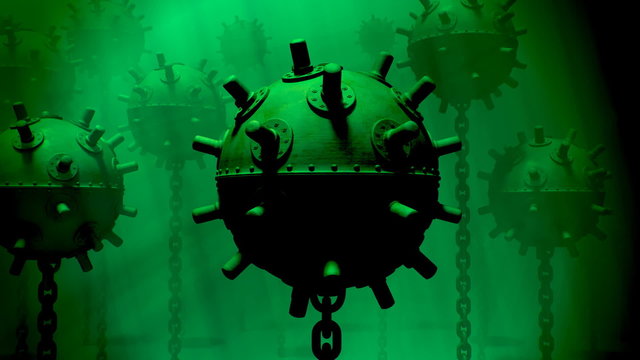 Naval underwater mines. Explosive bombs floating in the basin. Zoom in view. HD