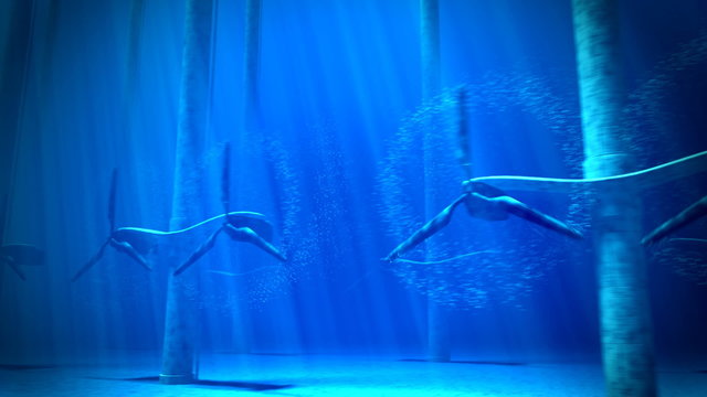 Animation of underwater tidal dual turbines working. Clean energy. Loopable. HD