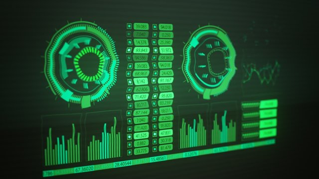 Advanced futuristic graphic interface. Displays abstract diagrams and charts.